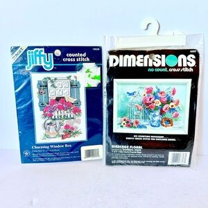 NWT Vintage Set of 2 Cross Stitch Kits Bird Cage Floral & Charming Window Box